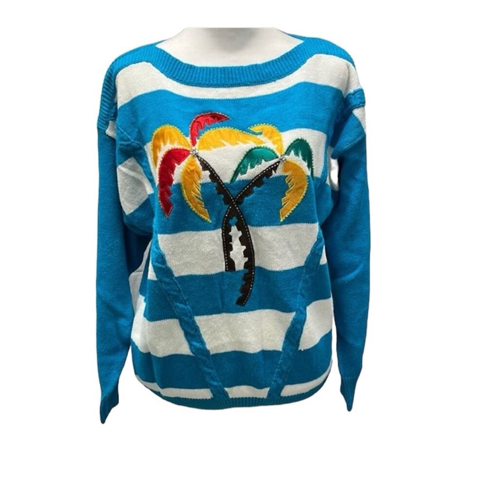Vintage Cervelle Blue White Striped Palm Tree Appliqué Rhinestone Sweater